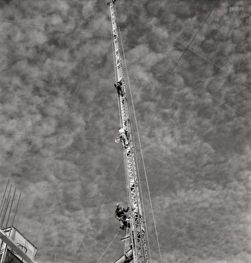 November 1942. "Columbia Steel Company at Geneva, Utah. Rigging a pipe-setting derrick for a new mill under construction which will make important additions to the vast amounts of steel needed for the war effort." Photo by Andreas Feininger for the Office of War Information.View full size.
