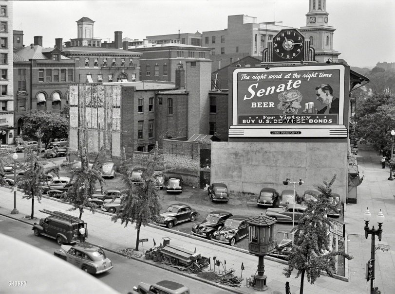 1942. "Effect of gasoline shortage in Washington, D.C." Note the streetcar control tower. Photo by Albert Freeman, Office of War Information. View full size.
