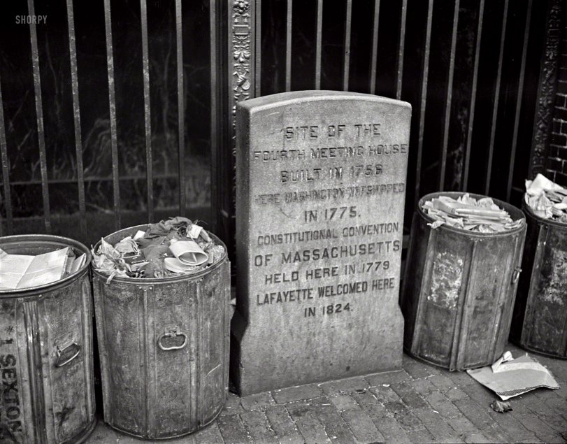 Spring 1938. "Cambridge, Massachusetts. Historical marker with trash cans." Medium format negative by Paul Vanderbilt. View full size.
