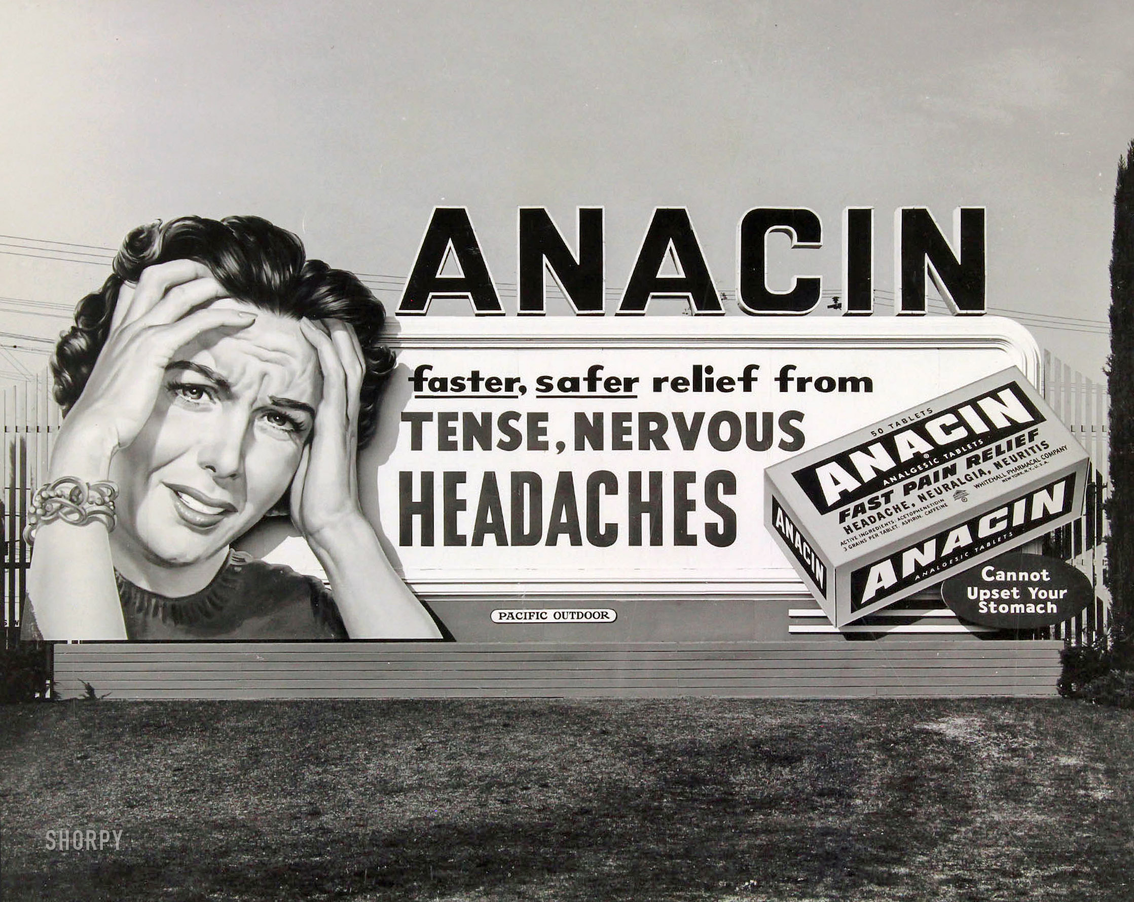 Los Angeles circa 1954-57. "Anacin: Faster, safer relief from tense, nervous headaches." Our first in series of billboard photos from the files of Pacific Outdoor Advertising. View full size.