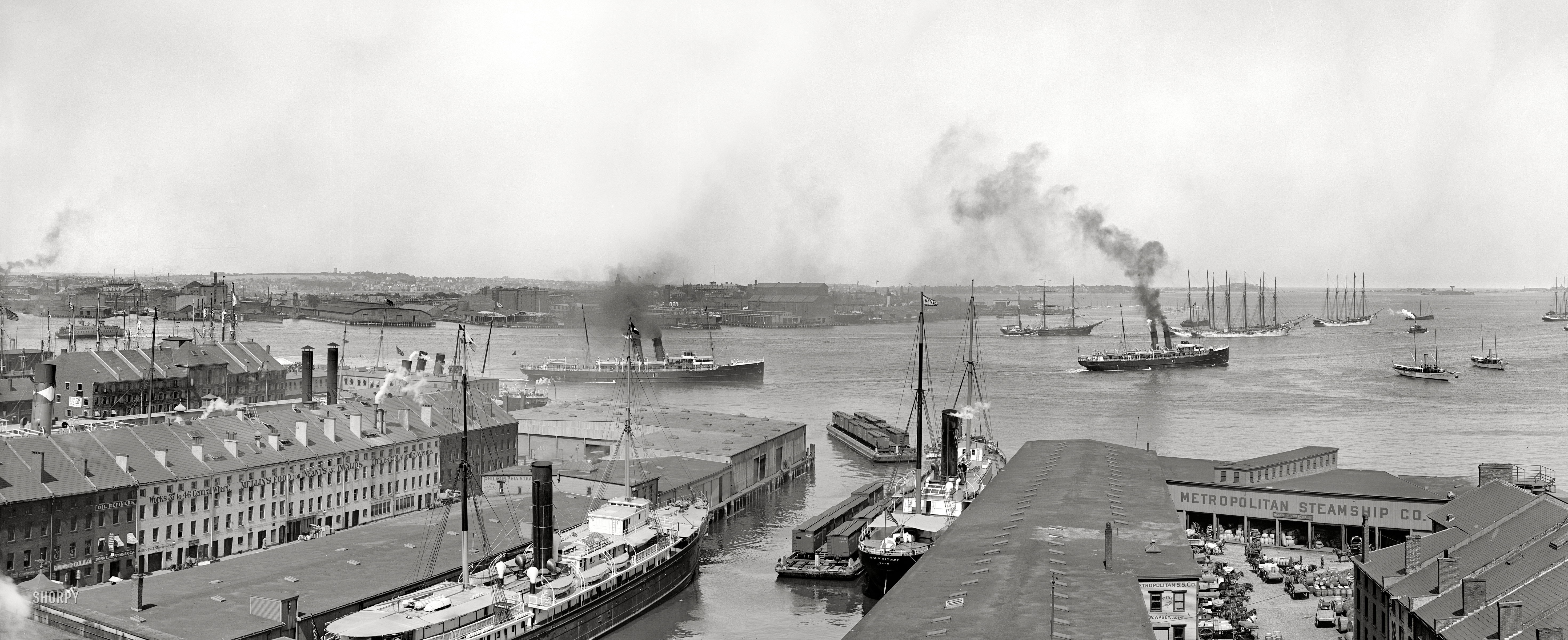 Boston, Massachusetts, circa 1906. "Boston Harbor and waterfront." Panorama of two 8x10 inch glass negatives, Detroit Publishing Company. View full size.