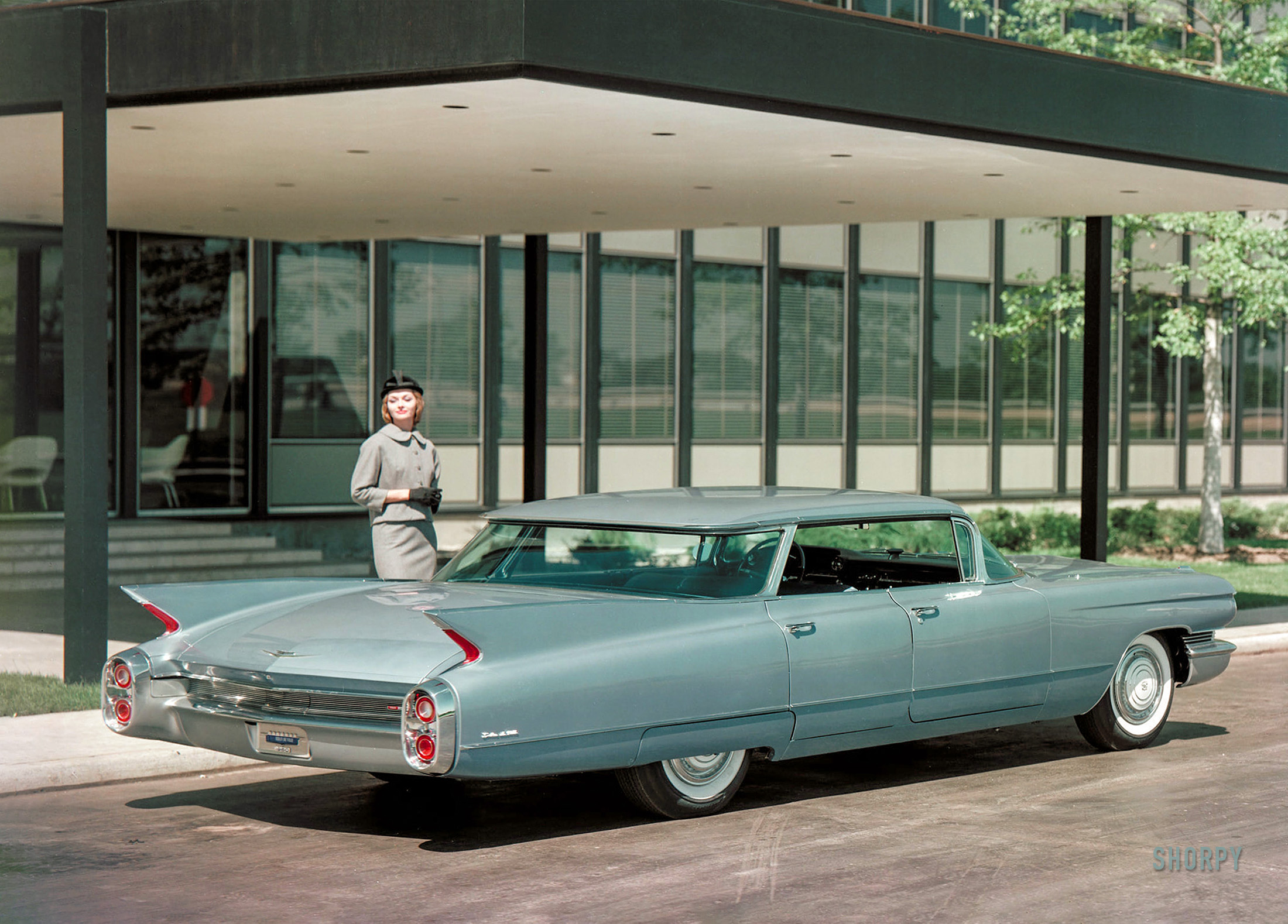 Warren, Michigan, sometime in 1959. "Nineteen-Sixty Cadillac 6339 four-window Sedan de Ville at the GM Technical Center." This was a General Motors body style popularly known as the "flat top." Color transparency from the GM photographic archive. View full size.