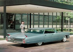 Warren, Michigan, sometime in 1959. "Nineteen-Sixty Cadillac 6339 four-window Sedan de Ville at the GM Technical Center." This was a General Motors body style popularly known as the "flat top." Color transparency from the GM photographic archive. View full size.