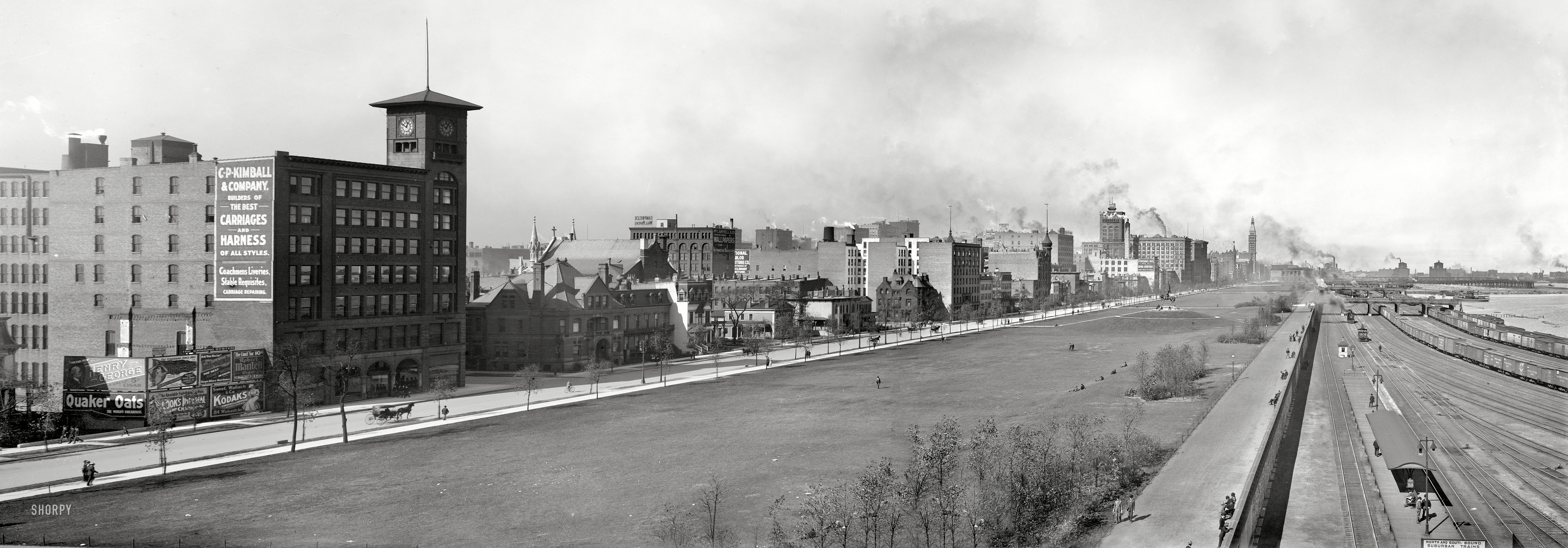 Chicago circa 1901. "The lakefront from Illinois Central Station." Panorama of two 8x10 glass negatives. Detroit Publishing Company. View full size.