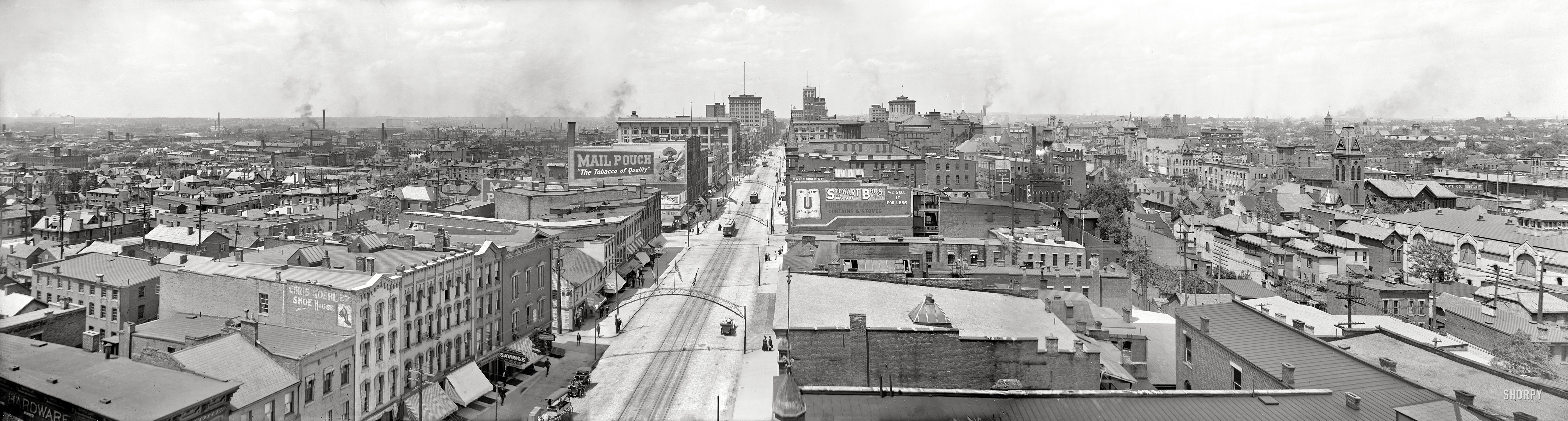 Columbus, Ohio, circa 1909. "Aerial view from courthouse."  Shorpy, who knows how to have a good time, is celebrating Columbus Day with this detailed panorama made from three 8x10 glass negatives. View full size.