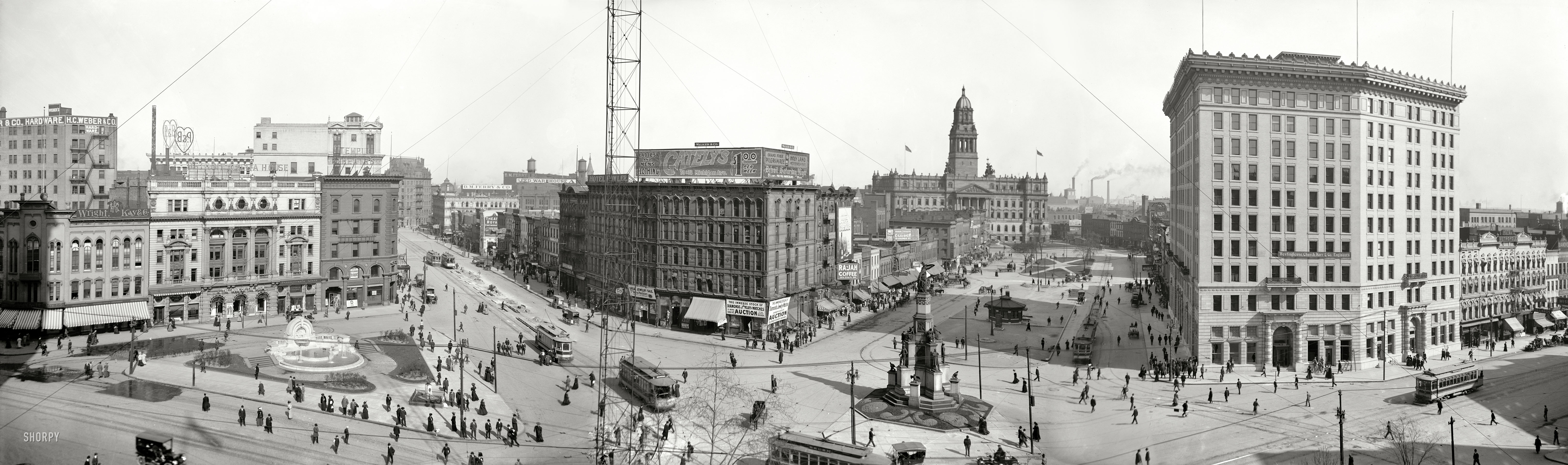 Detroit circa 1907. "The Campus Martius." Landmarks include the Detroit Opera House, Soldiers' and Sailors' Monument, Cadillac Square, Wayne County Building, Hotel Pontchartrain. Panorama of three 8x10 glass negatives. View full size.