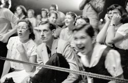 May 1956, in the field house at University of Dayton, in the presence of The One. 35mm negative by Phillip Harrington for Look magazine. View full size.