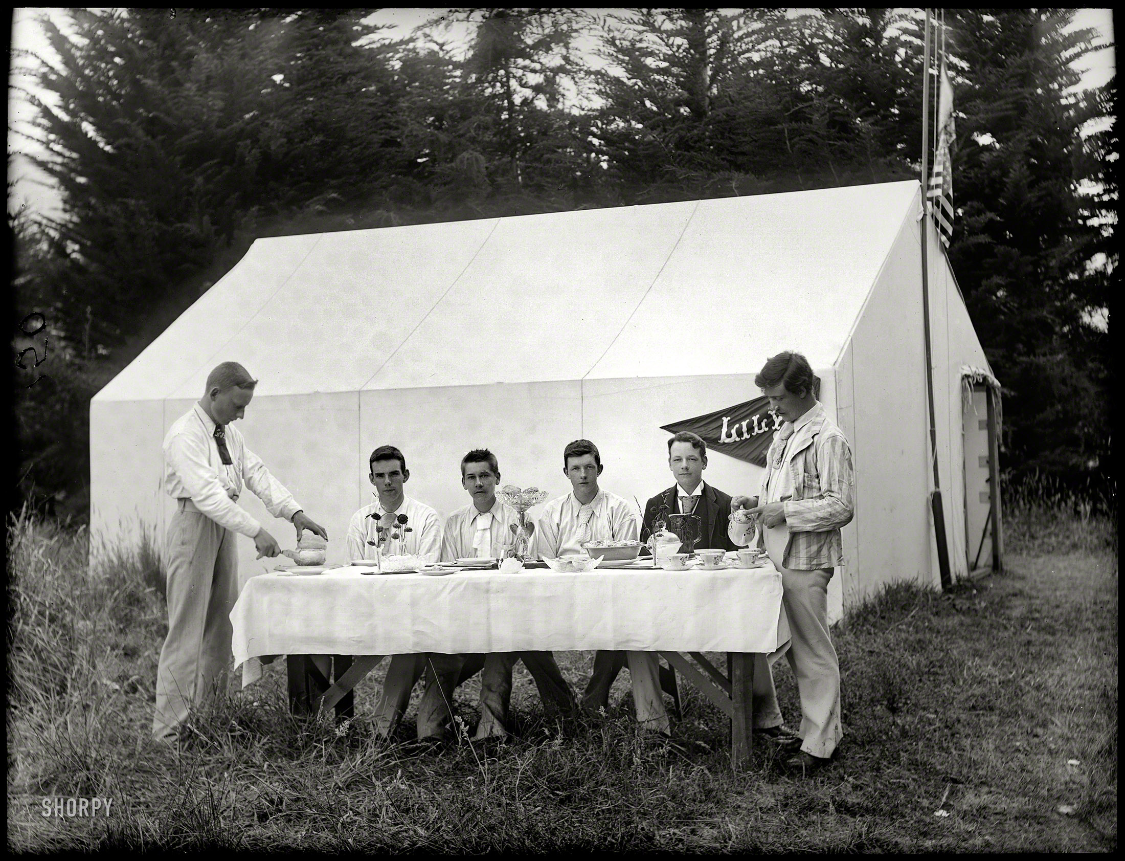 New Zealand circa 1910. "Young men in formal wear at table ready to have a meal, next to tent 'Lily' at camp site, probably in Sumner, Christchurch." Note the abbreviated neckwear.  Glass negative by Adam Maclay. View full size.