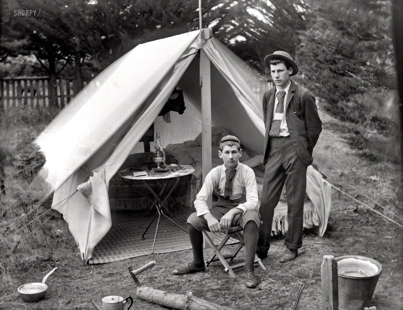 New Zealand circa 1905. "Male youths outside tent, probably Christchurch district." Glass plate by Adam Maclay. View full size.
