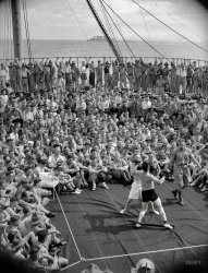 Circa 1940, somewhere on the high seas. "Boxing match in progress on the deck of New Zealand troopship Dominion Monarch, carrying 2nd Echelon 4th Reinforcements to the United Kingdom. Probably Empress of Russia seen sailing in the background." View full size.
Distant ShipWhile similar, the distant ship  does not have the funnels rake of the Queen Mary.
Life of the &quot;Dominion Monarch&quot; at sea. Here's the sailing history of the "Dominion Monarch."
http://www.nzmaritime.co.nz/dm01.htm
Luxury liner, interruptedBuilt on the River Tyne in the late 1930's for the Shaw Savill Line, the Dominion Monarch was a rare example of a passenger liner that also could carry large amounts of cargo: to be specific, 525 passengers, 3,600 tons of dry cargo and 12,800 tons of frozen or refrigerated cargo.  It served the Britain-Australia/New Zealand route for only about a year until the outbreak of war.  Shortly thereafter, the British government requisitioned the ship and had it re-outfitted as a troopship, with its passenger capacity increased dramatically to over 3,500 ... clearly, the soldiers were packed in pretty tightly.
After the war, having regained ownership, Shaw Savill converted the Dominion Monarch back to passenger/cargo service and returned it to the Britain - Down Under route.  Over the years, however, that service began to make less and less economic sense.  Its last regular trip was in early 1962, at which point it went to Seattle to serve as a floating hotel during that city's World's Fair.  In late 1962 the Dominion Monarch was scrapped in Japan.
The RMS Empress of Russia began service in 1913 and served as a troopship in both world wars.  Between the wars it mainly served trans-Pacific routes.  Despite its age, plans were to return the ship to passenger service after World War II ended, but shortly after the end of the war it was destroyed by fire while docked in Britain.
Not Romanov but Windsor.The ship in the background is actually the Queen Mary. The Empress of Russia had a lower freeboard and more spindly funnels.
Bare Knuckle BoutWatch your step.
Montana peakNote the campaign hats shown being worn by some of these Kiwi troops (those ain't Boy Scouts, bub!).  New Zealand and the US were the only two nations to pair that kind of hat with that crown configuration -- the so-called Montana peak.  The US Army abandoned the hat shortly after we entered WWII, for obvious reasons, but I believe the New Zealand forces kept it on for a while.  I still have my father's US Army campaign hat, a Stetson for which he paid $100 in 1925.  Along with the saber, riding boots, and Sam Browne belt he was also required to purchase upon commissioning (which I also keep but rarely have occasion to use!), it took him a year to get his accounts back in the black.
It's worth mentioning that the Government-issue enlisted version of said hat, in the US at least, was an execrably cheap and shoddy affair, impossible to cram into a duffle bag without being permanently deformed, hard to keep on one's head during strenuous activity, and a lot less protective than a steel helmet in combat.  Nonetheless, many photos verify that it remained a favorite with General Vinegar Joe Stilwell long after it ceased to be part of the official uniform.  For keeping the sun and rain out of one's eyes, it was nonpareil.
More on Montana PeakThe hats may have been called that in the US, but in New Zealand they are affectionately called "lemon squeezers", for obvious reasons.
Date and number discrepanciesIf it's 1940, it's very late 1940, since according to this page she wasn't requisitioned until August of that year. 
An odd tidbit that I notice: it says she carried "over 29,000" troops, which at 3550 bunks implies only around 8 trips. Seems low, for 5 years of war. Perhaps it was in truth over 290,000? Or is that too high?
 Handsome Rakes : GroupMy wife insists that she has never seen a group of men with such sweet smiles, pleasing visages and so delicious masculiny (her adjective)fit. 
To keep peace in the family and my changing screensaver of Pretty Girls please include these gentleman in the Handsome Rakes category.
(The Gallery, Boats & Bridges, New Zealand, WW2)