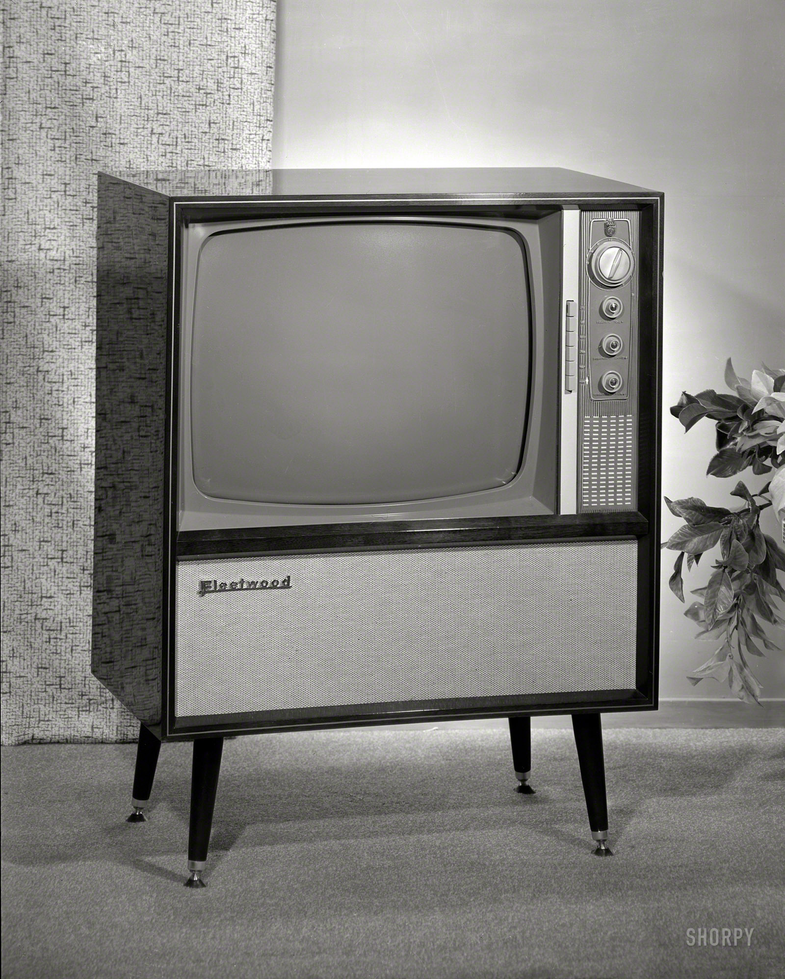 "Fleetwood television circa 1960." Studio of Gordon Burt, Wellington, New Zealand. We don't guess this would stream Amazon or Netflix. View full size.