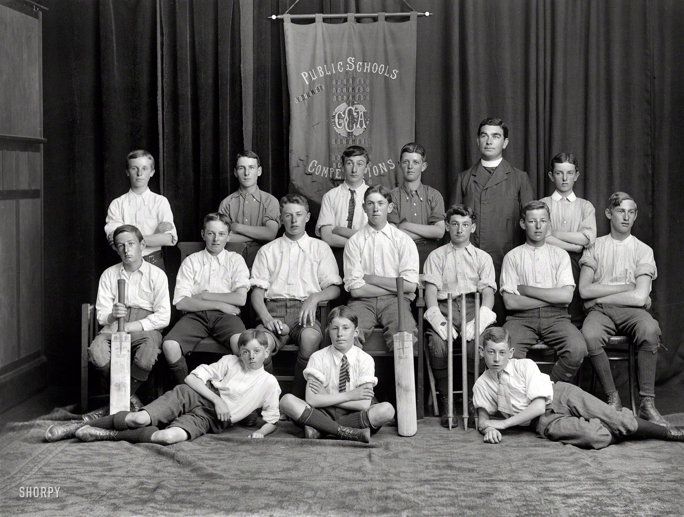 1913. "Marist Brothers cricket team, Christchurch, N.Z." A thrilling sport that has yet to make its way to these shores. Steffano Webb glass plate. View full size.