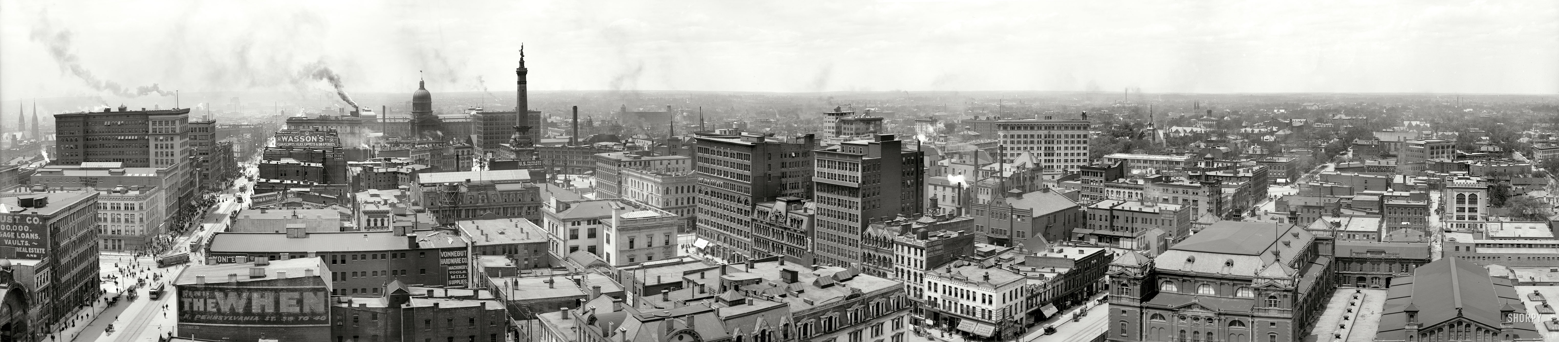 Circa 1907. "Indianapolis, Indiana." One of the many points of interest here is the cryptic sign "FIND THE WHEN." Other landmarks include ... well you tell me. Ginormous panorama made from four 8x10 glass plates. View full size.