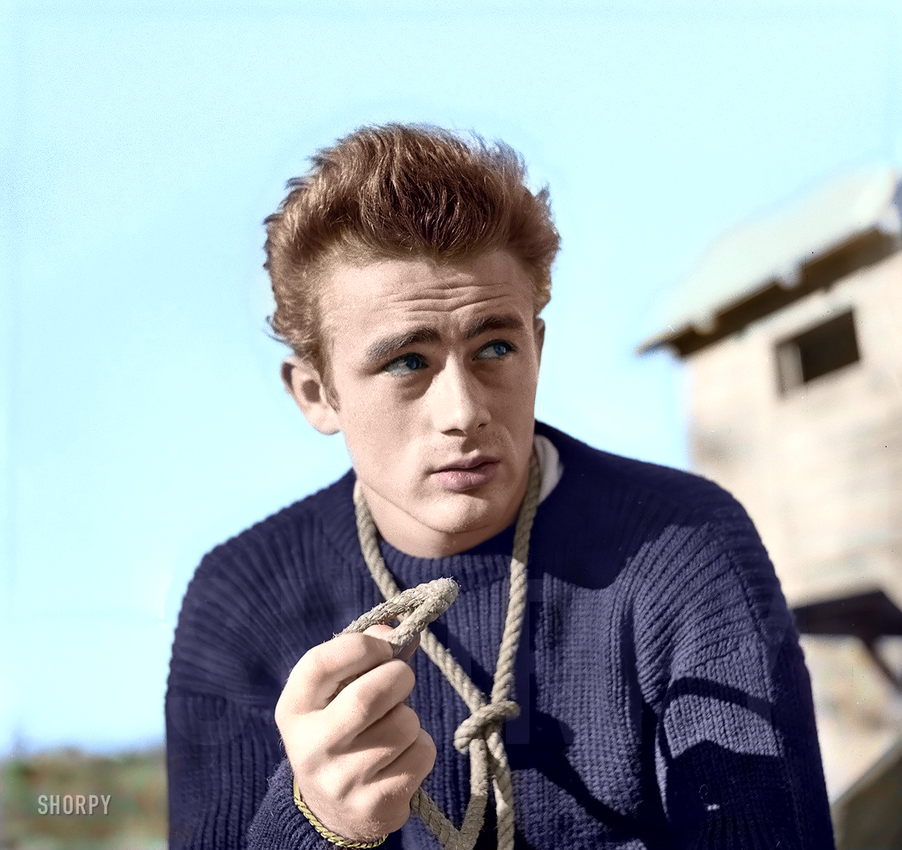 Colorized from this Shorpy original. Cool image of James Dean, apologies to any fans it it's not quite right.  View full size.