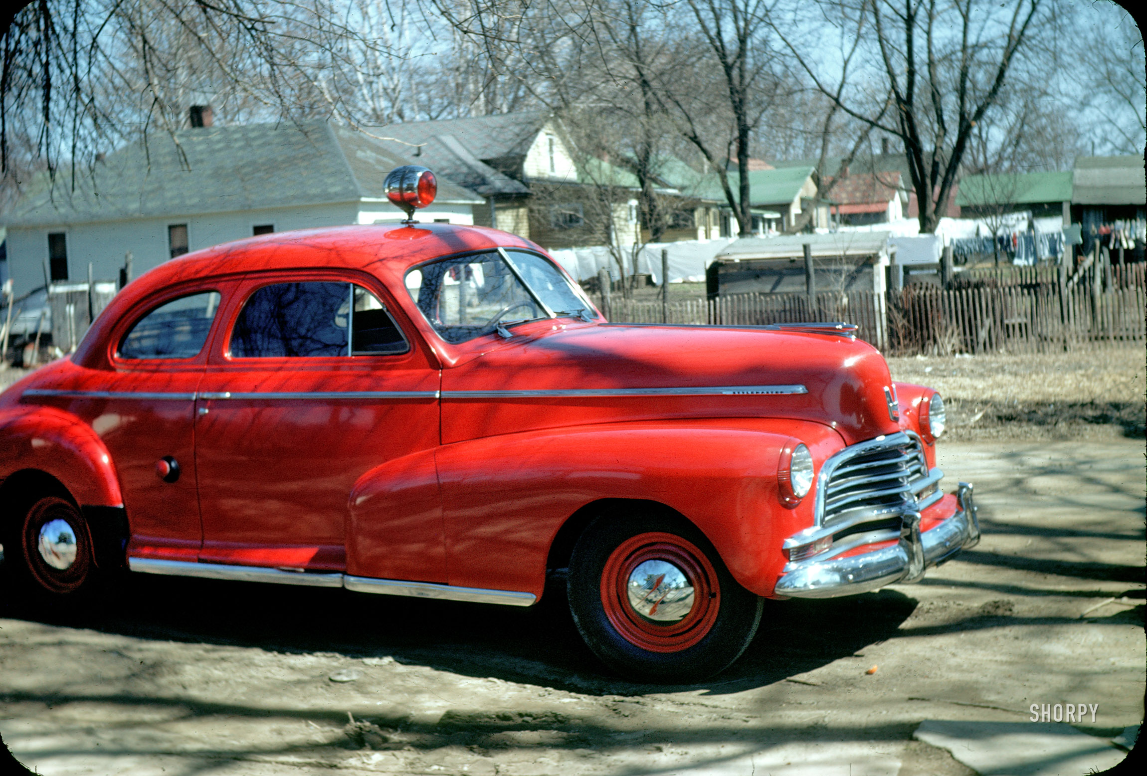 Our second scan from this batch of color slides I found on eBay is of what looks to be a Fire Department car, snapped in 1949. There are many clues in this batch as to the location, but I thought it might be fun to let people guess as the series progresses. 35mm Kodachrome red-border transparency. View full size.
