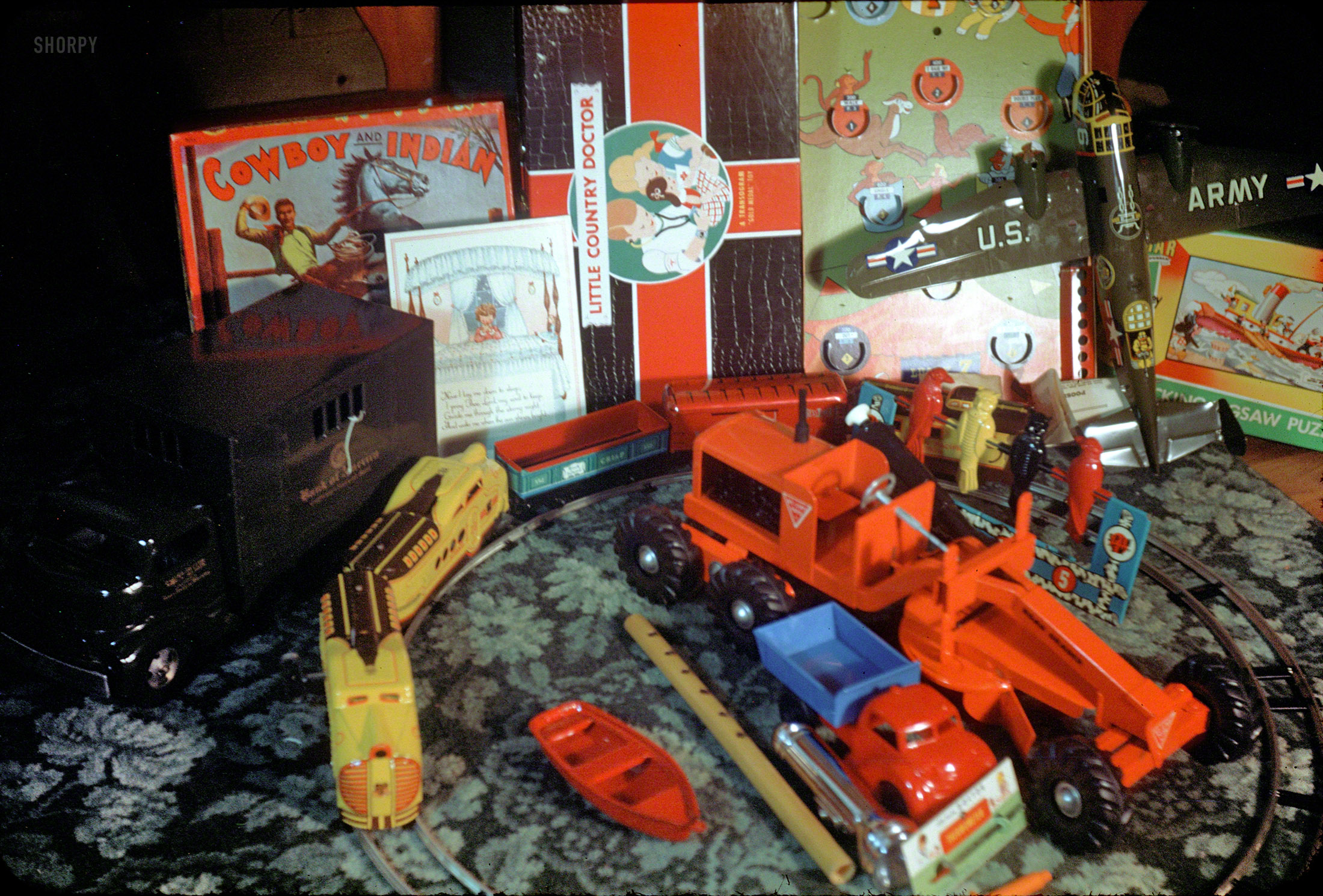 "Xmas 1951." A closer look at some of the toys seen here two weeks ago, and that some of us may have actually had. 35mm Kodachrome. View full size.