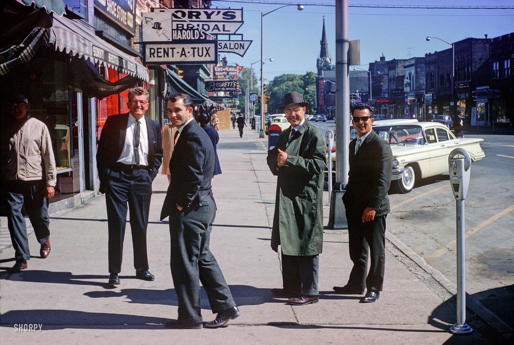 "Wisconsin plane trip." After disembarking, our mad men are painting the town Appleton Red in October 1962. 35mm Kodachrome slide. View full size.