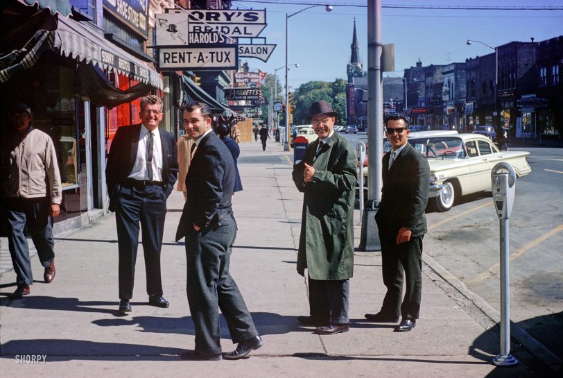 "Wisconsin plane trip." After disembarking, our mad men are painting the town Appleton Red in October 1962. 35mm Kodachrome slide. View full size.
