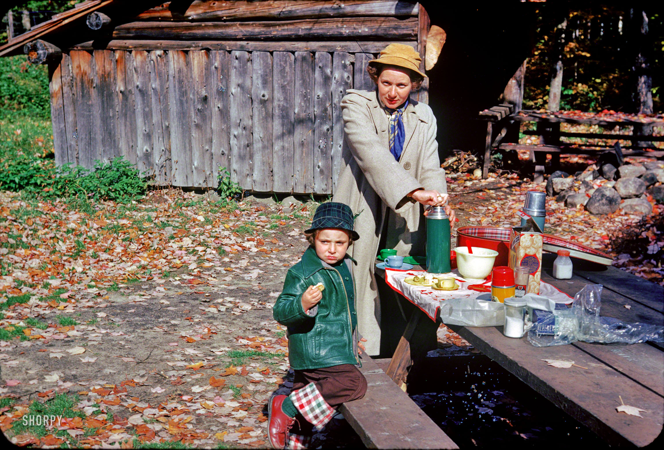 "Lunch at Wild River, 1952." Linda and her mom, with Thermoses in triplicate. 35mm color slide from the "Linda" Kodachromes. View full size.