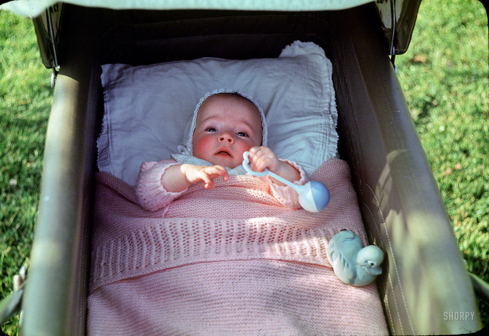 From the "Linda" Kodachromes, circa 1948, comes our latest look at the little lady, accessorized with rattle and ducky. 35mm color transparency. View full size.