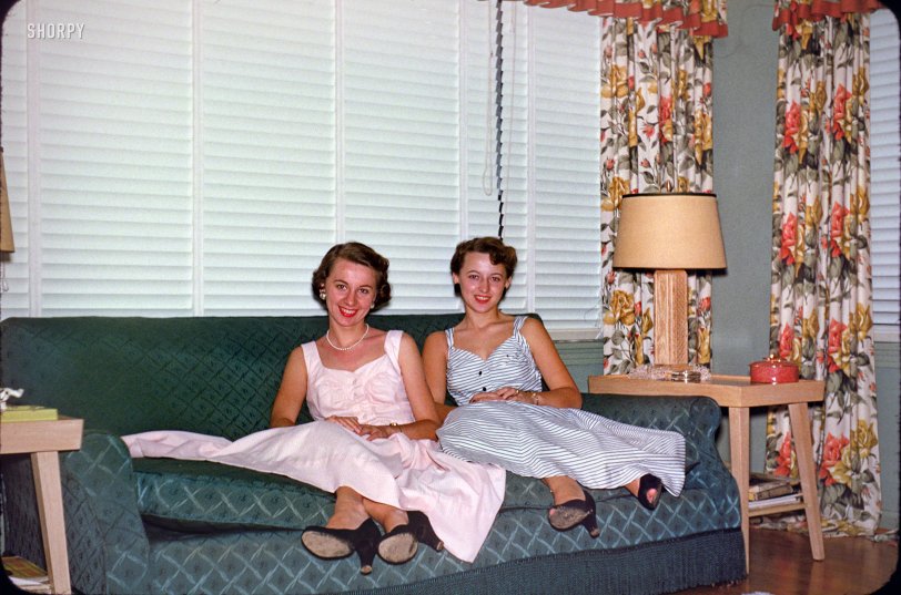 "Edith &amp; Patricia on sofa - Houston." Another colorful slide from the Linda Kodachromes. Who can guess the year? [UPDATE: It's 1953.] View full size.

