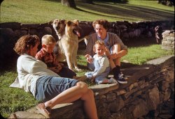 Circa 1949, an unlabeled Kodachrome of Linda and her mom along with some characters seen in a previous episode of the family saga. View full size.