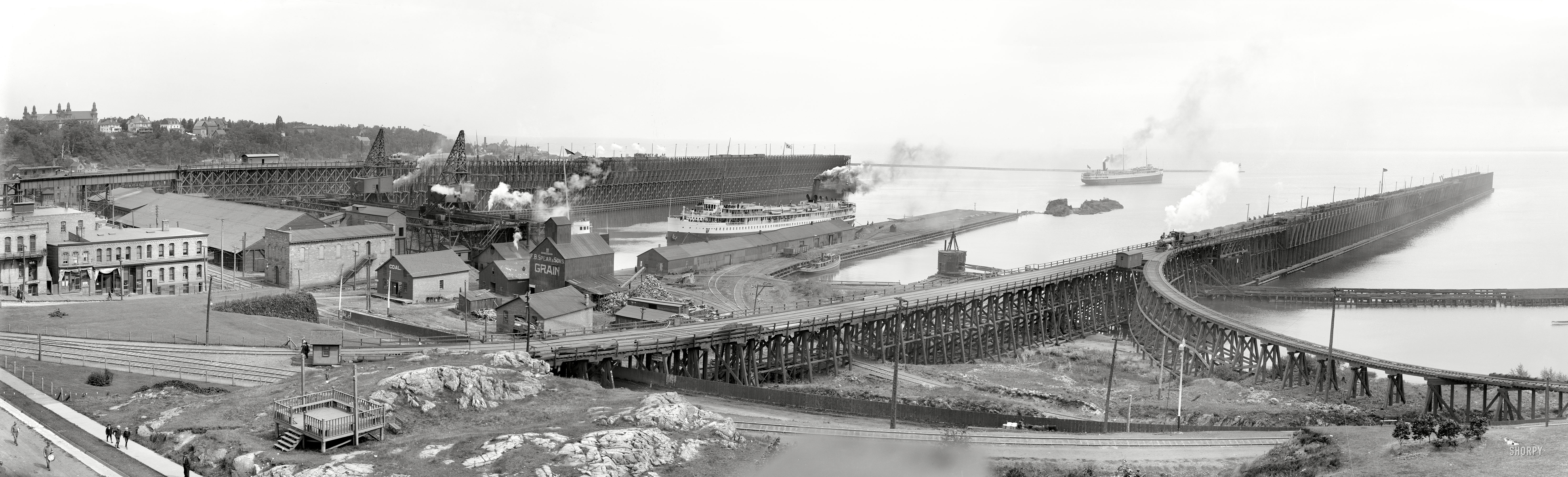 Lake Superior circa 1908. "The harbor and ore docks, Marquette, Michigan." Note the tiny parade at left. Panorama of three 8x10 glass plates. View full size.