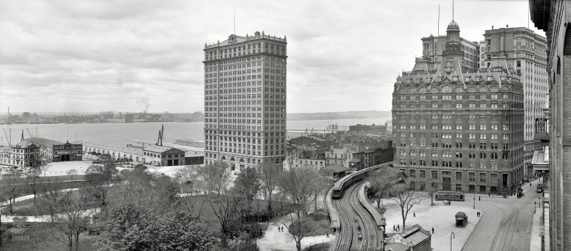 Circa 1908. "New York Harbor from the Battery." Another super-detailed panorama, this one made from two 8x10 glass negatives.  View full size.
