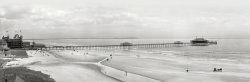 The Maine shore circa 1900. "The beach at Old Orchard -- Hotel Velvet and Ocean Pier." The roof of whose "Big Casino" urges us to "Eat Velvet, Drink Moxie." Panorama made from three 8x10 glass negatives. View full size.