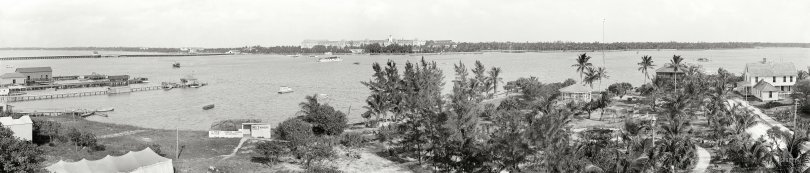 Palm Beach, Florida, circa 1910. "Lake Worth and the Royal Poinciana." Henry Flagler's giant hotel, Snell's tiny Menagerie, a ferry landing and other points of interest feature in this panorama of four 8x10 glass negatives. View full size.

