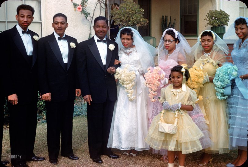 We return to Southern California circa 1956 for the next in this series of Kodachrome slides, which finds us at a wedding with the bridesmaids in Easter egg pastels, carrying matching bouquets of dyed carnations. View full size.