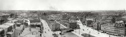 Syracuse, New York, circa 1901, in a panoramic view of the Erie Canal combining three 8x10 inch glass plates. Detroit Publishing Company. View full size.