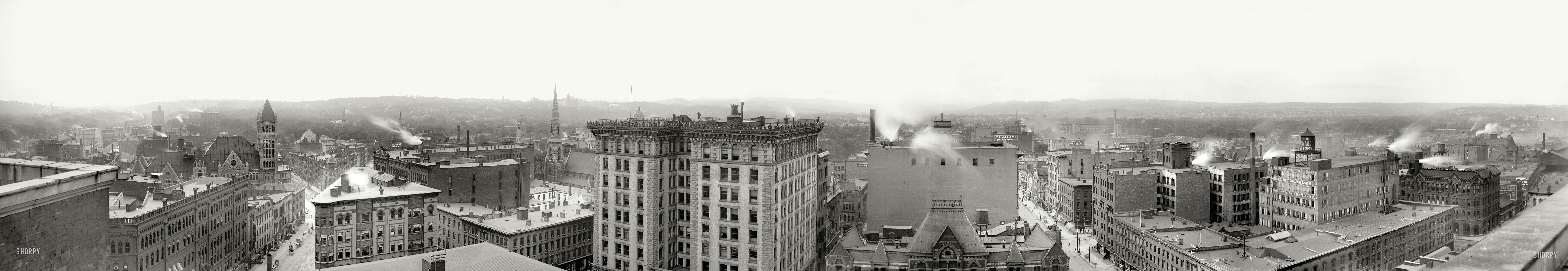 Circa 1901. "General view of Syracuse, N.Y." At center is the University Building on Washington Street. Panorama of five 8x10 inch glass plates. View full size.
