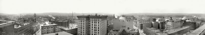 Circa 1901. "General view of Syracuse, N.Y." At center is the University Building on Washington Street. Panorama of five 8x10 inch glass plates. View full size.
