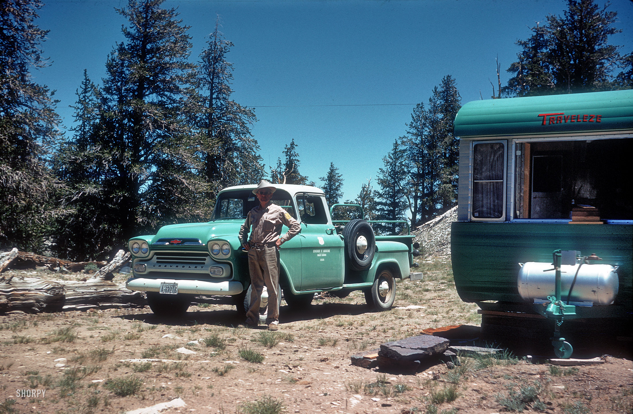 This 35mm Kodachrome found in a thrift store is dated August 1959 and bears the notation "Jim, Bristlecone." The color-coordinated Chevrolet truck and Traveleze trailer are a nice late-Fifties touch. View full size.