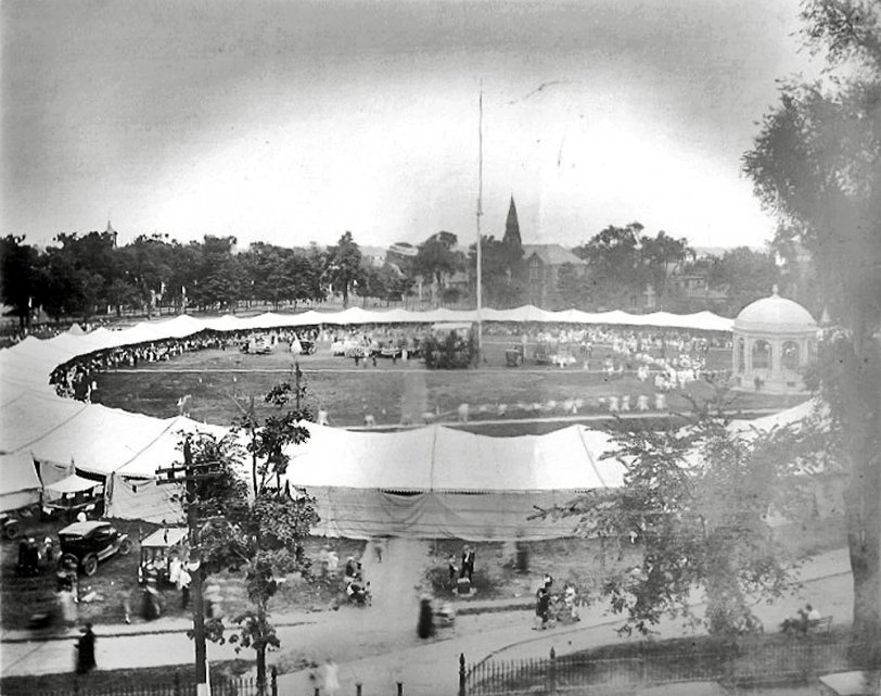 Cannot tell you much about this pic except early 1900's and Salem, Massachusetts Common. Would like to know more about what event needed a large circular shaped tent. Picture found in collection of Dad's who was born in Salem in 1898. View full size.
