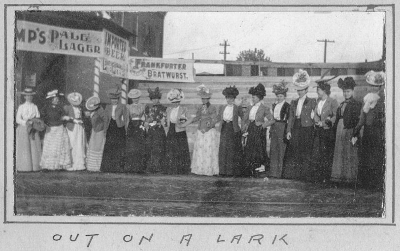 At the ladies entrance of the Belleville Downtown Saloon (Pale lager, imported beer, frankfurters and bratwurst). The photo was taken at the Belleville, Illinois, town fair in 1901.
Photo taken by Samuel Peake Hyde, b. Feb 17, 1850, St. Francisville, Clark, Missouri; d. April 28, 1921, Belleville, St. Clair, Illinois., son of Edwin C. Hyde and Elizabeth Hyde. Samuel was a clerk for J. G. Green Company, 1867, and then worked with his father at E.C. Hyde &amp; Co., Storage and Commission, 4 South Commercial Street, Belleville, IL. Sam resided at 37 North Douglas, Belleville.

