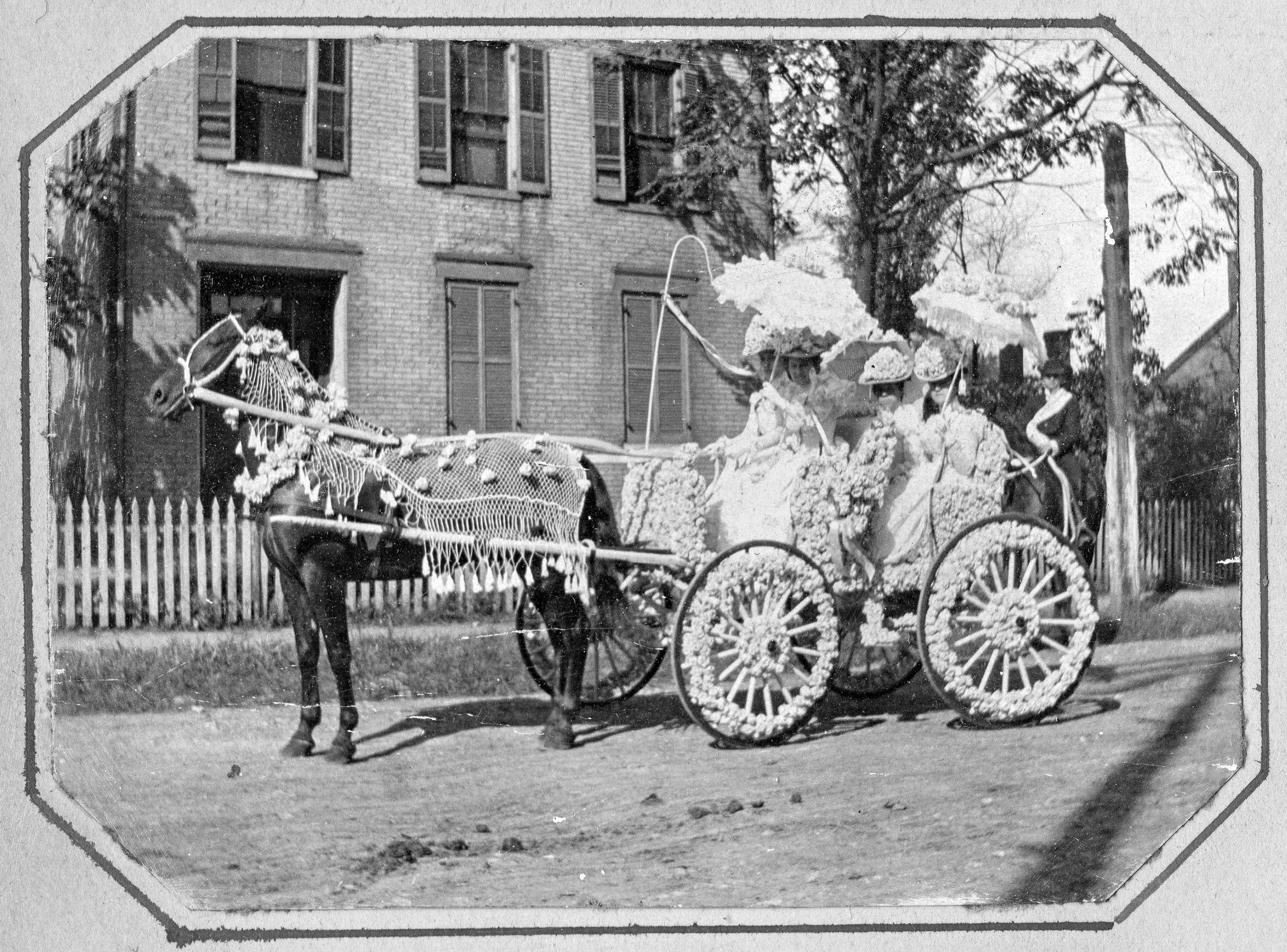 Single Horse Drawn Flower Parade float at the Belleville, Illinois, town fair in 1901.

Photo taken by Samuel Peake Hyde, b. Feb 17, 1850, St. Francisville, Clark, Missouri; d. April 28, 1921, Belleville, St. Clair, Illinois., son of Edwin C. Hyde and Elizabeth Hyde. Samuel was a clerk for J. G. Green Company, 1867, and then worked with his father at E.C. Hyde & Co., Storage and Commission, 4 South Commercial Street, Belleville, IL. Sam resided at 37 North Douglas, Belleville.
