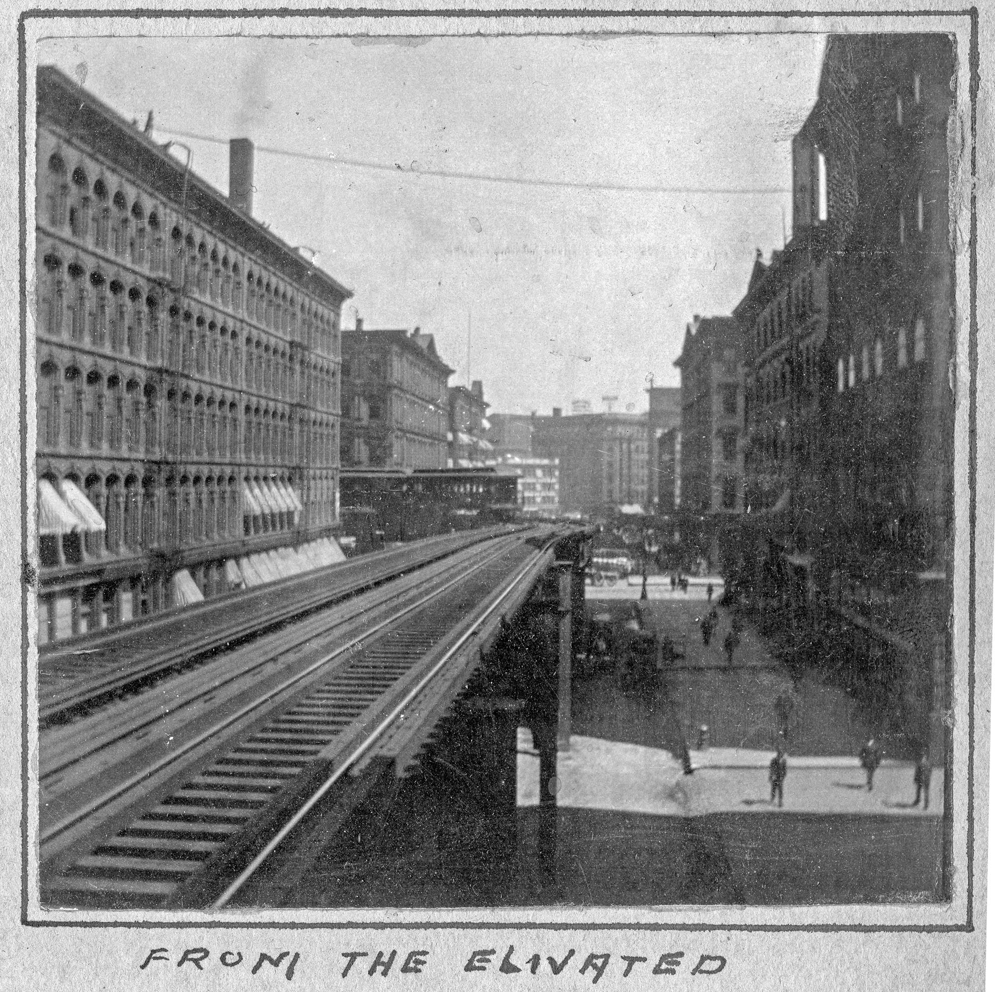 "From the Elivated [sic]", Chicago, 1900. From "Sam Hyde's Photography Travelogue Adventures," 1898-1904.

In early Chicago city planning, subways were too expensive to consider and elevated tracks appeared to be the right choice. On June 6, 1892, the first elevated line in Chicago opened, running from Congress Parkway and State Street to 39th Street, along the alley, behind and around buildings, its route was completely through city-owned alleys. Earning it the nickname "Alley 'L'." This was done to circumvent the difficulty of obtaining consent signatures from the property owners along the streets, something required by the Cities and Villages Act of 1872.

Photo taken by Samuel Peake Hyde, b. Feb 17, 1850, St. Francisville, Clark, Missouri; d. April 28, 1921, Belleville, St. Clair, Illinois., son of Edwin C. Hyde and Elizabeth Hyde. Samuel was a clerk for J. G. Green Company, 1867, and then worked with his father at E.C. Hyde & Co., Storage and Commission, 4 South Commercial Street, Belleville, IL. Sam resided at 37 North Douglas, Belleville, Illinois.