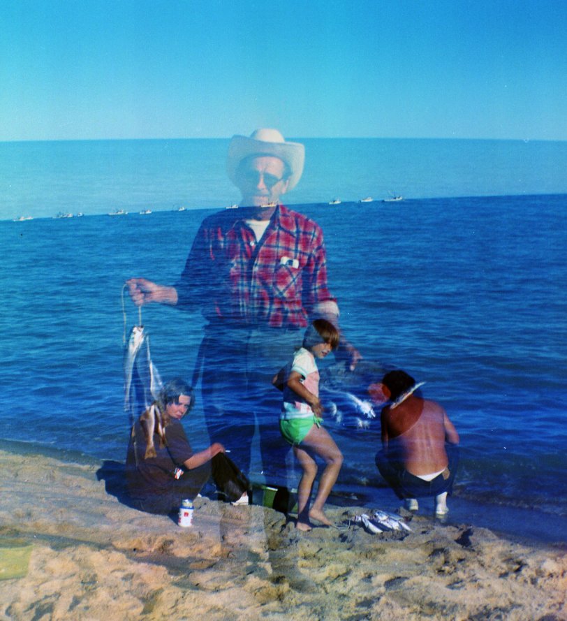 This picture was taken at San Felipe in 1972. On the left is my grandpa's second wife Marcie, in the middle is my aunt Mary, and on the right is my grandpa. My great grandpa is superimposed on top (or beneath?) holding some fish. While Marcie's scowl might suggest otherwise, she was one of the few sources of stability and normality in my father's life growing up. View full size
