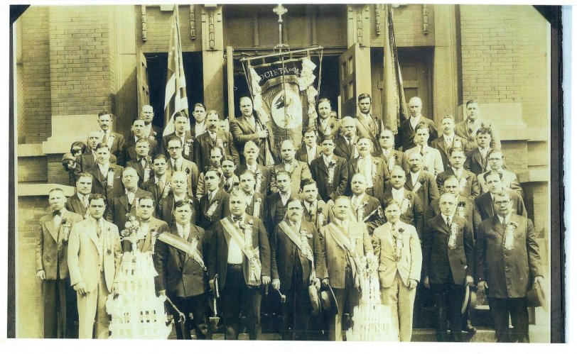 The Society of St.Michael the Archangel, Chicago, Illinois 1926. The Church of St. Michael the Archangel was located in Albidona, Italy. According to our family genealogist, the men in the photo are all immigrants from Albidona. Such grave faces! But all full of unique character. My Great-Grandfather, Leonardo Adduci, is the man with gavel in the center of the bottom row. View full size.
