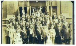 The Society of St.Michael the Archangel, Chicago, Illinois 1926. The Church of St. Michael the Archangel was located in Albidona, Italy. According to our family genealogist, the men in the photo are all immigrants from Albidona. Such grave faces! But all full of unique character. My Great-Grandfather, Leonardo Adduci, is the man with gavel in the center of the bottom row. View full size.
(ShorpyBlog, Member Gallery)