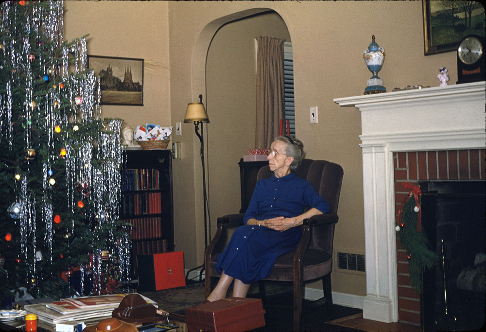 Anderson, IN (1956). My Grandmother (Bernhardine Minna Florinda Anna “Hedwig” Happel) sits in her home admiring the Christmas tree.  On the table are two leather 35mm camera cases. The darker one was my father's Petri. The maroon box holds a slide viewer and to the side of the table is a bright red and yellow metal 35mm film canister.

Grandma would see one more Christmas before passing away at age 71 five months before I was born. The pictures, bookcase, books and bust of Dante are now in the homes of her grandchildren. View full size.