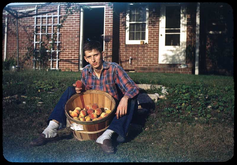 Anderson, Indiana - mid-1940's.  This Kodachrome shows my father (Anton "Tony" Happel) with a basket of freshly picked peaches.  From his appearance I'm guessing at the date (he graduated from high school in 1947 and he looks a bit younger than his senior photo in this image).  The setting is the back yard of my grandparents' home.  The peaches likely came from the fruit nursery that was across the street.  The fruit grove was one of the reasons my Grandfather purchased that particular lot and built the house there in 1939/40.  I think that this image was taken by my Aunt Lee (Dad's sister who was 10 years older than he). View full size.