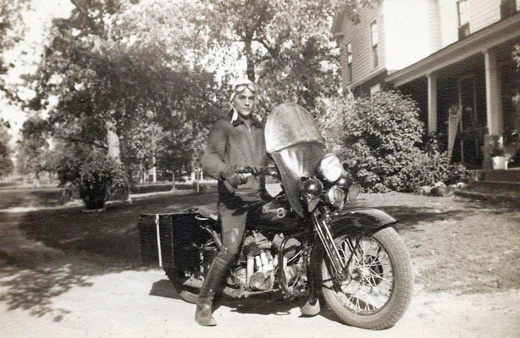 My dad on his Harley at age 18 in 1938, ready to head out from central Wisconsin to Montana and points west. His first big trip in a Harley-riding history that spanned over 60 years. View full size.