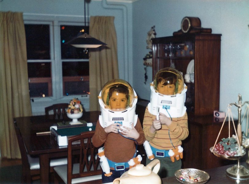 My brother and me in our "Spaceman Spiff"y space helmets, Christmas 1970. View full size.
