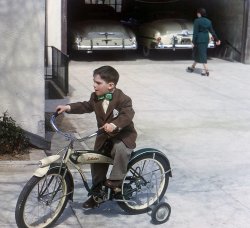 A Schwinn bike and its garage-mates circa 1949, from a set of 35mm Kodachromes I acquired in northern New Jersey. View full size.
Too old for the trainersThe kid looks a little too old for training wheels. Maybe it's just the suite and tie. 
Definitely not carbon fiber composite and Shimano parts.That bike looks as heavy as a tank too. I think when cars hit these the cars got damaged NOT the bike.
Trunk TrimThe trim on the Pontiac, the car on the right, indicates that it is a 1951 model.  The 1949, 1950, and 1952 trims were all different so it is easy to tell the year by looking at the trunk.
Similarly, the Chevrolet parked next to it is a 1950 model.  The 1949 model had different trunk trim and the 1951 and later models had the tail lights on the outermost part of the fenders instead of on the slope between the fender and trunk.
The photos below show the differences between the years.
New Jersey license plates from both 1949 and 1951 were white lettering on a black background.
Tight SqueezeIf the driver of the Pontiac wanted to leave first, how would they get in?
Clip-on tieBoys' bow ties of that era were usually clip-on. Know this firsthand. Also the license plate on the Pontiac is a 1951 New Jersey tag.
Quite impressiveTaking into consideration everything; the well dressed kid, the bike, and the cars, this was a very well to do family in 1951!
Sunday MorningLooks like Sunday morning before getting into the car for church...
Good Job Zcarstvnz!Great ID on the model years Zcarstvnz. My initial guess was '50 on the Pontiac and '49 on the Chevy, but I could not find any good rear photos for confirmation.
Nice informative post.
Clip-onsI grew up in the 1950s, and any special event required all the boys and girls to "dress up." My dresser drawer had a selection of clip-on bow ties, and I don't recall learning to tie a Windsor knot until I was about 10. Was this boy's tie a clip on? It sure looks like one. When I was dressed up, my mother wouldn't let me near my bicycle.
I wasn&#039;t alone?I thought that I was the only kid dressed that way!  I had the same bike too but with a blue/cream coloration.
Possible Reason for the Suit and TieOne possible reason for our young man to be riding his bike in a suitcoat and tie - it is Easter morning.  I have a number of these same kind of pictures that seem to have the exact same feel to them. A bright, sunny Spring day and me dressed up in new Easter clothes waiting for the rest of the family to finish getting ready and go to church. (Look at his clothes and especially his shoes - way too new for a young boy to keep taht clean)  I would be bored silly as I was the youngest and usually the first to be gotten ready so I would go off to find something to do while I waited.  "Don't get into anything" would be the command from my mother.  Most of the time I didn't...  
Perfect ProportionsI, too, had that model Schwinn, minus light and training wheels.  I've always thought it was a particularly attractive machine, with proportions much closer to those of a motorcycle than the bigger bikes possessed.  When I outgrew it, I inherited my mother's Schwinn, complete with tank horn, sprung fork, and Pierce-Arrow-style headlamp.  Having a silly given name and riding a girl's bike guarantees that one will grow up to be a decent boxer ... if one grows up at all.
1950 Chevrolet and 1951 Pontiac1950 Chevy with Powerglide on the left, and a 1951 Pontiac Catalina.
Gotta hurryMr. White's gonna kill me if I miss another deadline at the Daily Planet!
Guaranteed for as long as he owns itLooks like the lucky lad has himself a 20 inch Model J-46 Schwinn. 
The circular badge just forward of the left tail light on the Pontiac identifies it as either a 1951 or 1952.
Just like meI didn't know there was another kid who put on his coat and tie to ride his bike. I didn't use training wheels, though, and I had a regular tie with a windsor knot. Didn't know how to tie a bow tie. 
OptionalLicense plates? Maybe the owner of the new Pontiac was saving the Chevy for a Barret-Jackson Auction in 2013?
Young Pee Wee Hermanheads off on his first Big Adventure.
Great Caesar&#039;s Ghost!He's even wearing Jimmy Olsen's bow tie! 
(ShorpyBlog, Member Gallery)