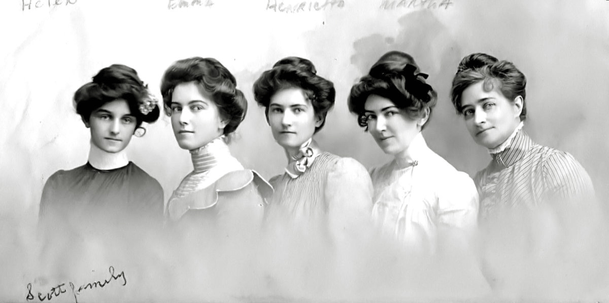 The woman in front is my great-aunt, Helen Hasseltine Scott-Lucas (b. 1885 Iowa). The other girls, Emma, Henrietta and Martha are Helen's sisters. The woman in the back is Fannie Childs-Scott, their mother. The girls were born in the 1870s/1880s but I don't know when the pictures were taken. Helen married my great-uncle Carroll Mayne Lucas. View full size.