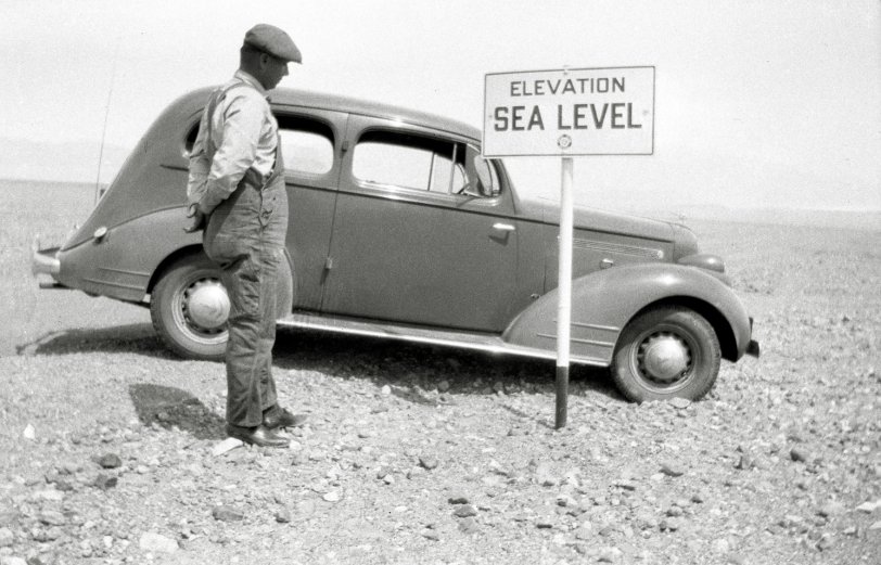 From negatives I found at a Whittier book store. The sea is level, the car less so. View full size.
