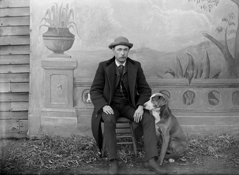The artist and her human. Davenport, Iowa. Scanned from the original 7x5 inch glass negative. View full size.
